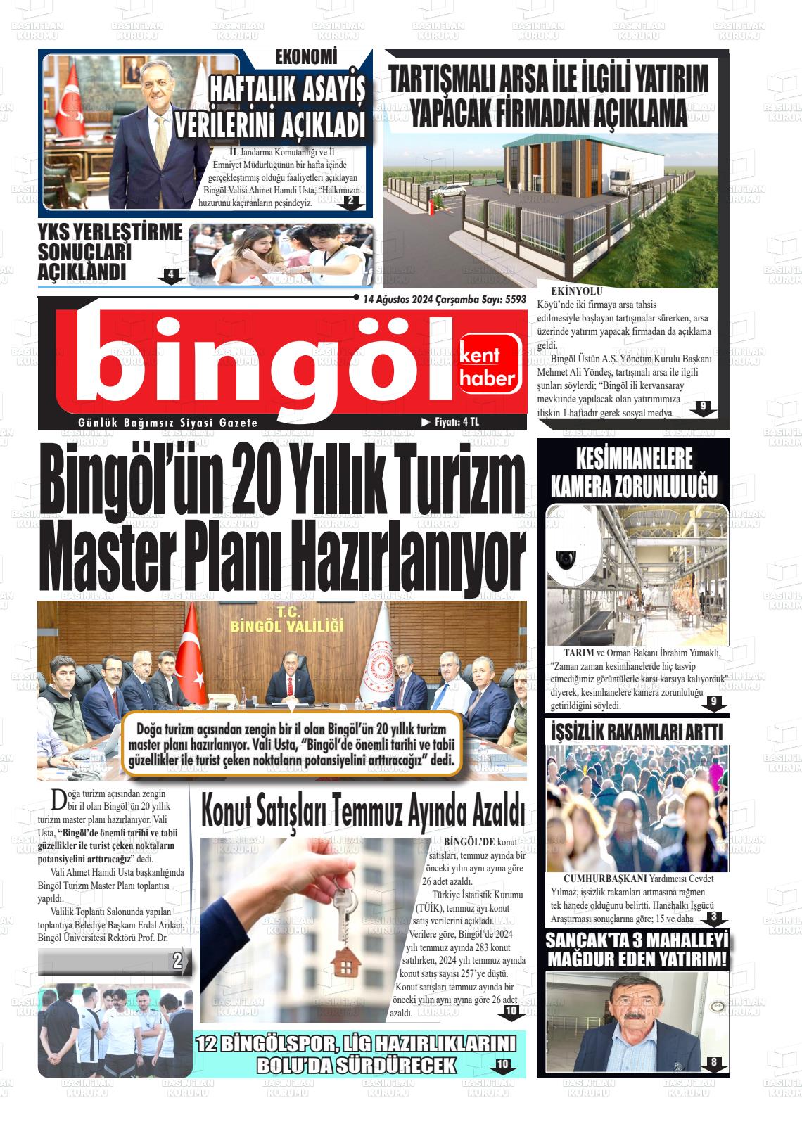 14 Ağustos 2024 Bingöl Kent Haber Gazete Manşeti