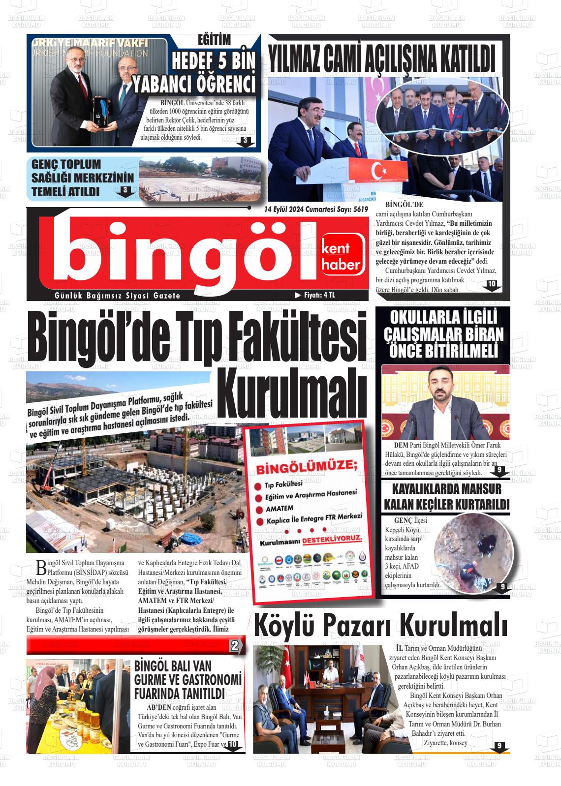 14 Eylül 2024 Bingöl Kent Haber Gazete Manşeti