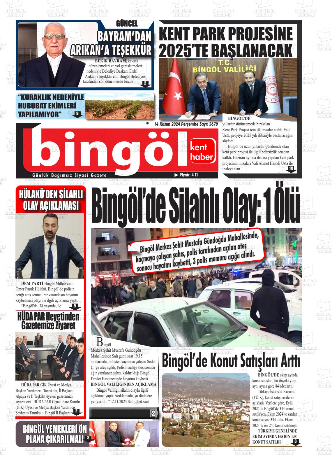 14 Kasım 2024 Bingöl Kent Haber Gazete Manşeti