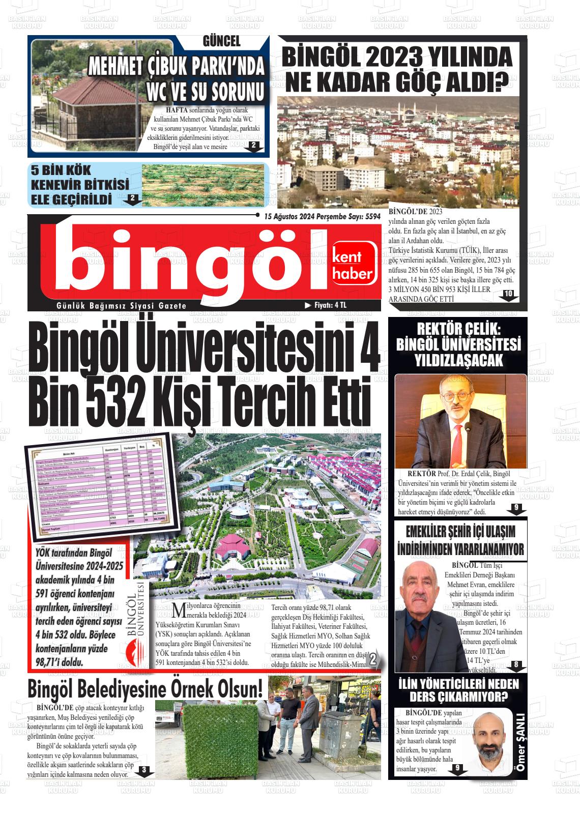 15 Ağustos 2024 Bingöl Kent Haber Gazete Manşeti