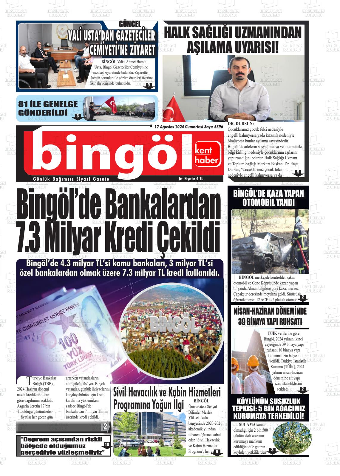 17 Ağustos 2024 Bingöl Kent Haber Gazete Manşeti