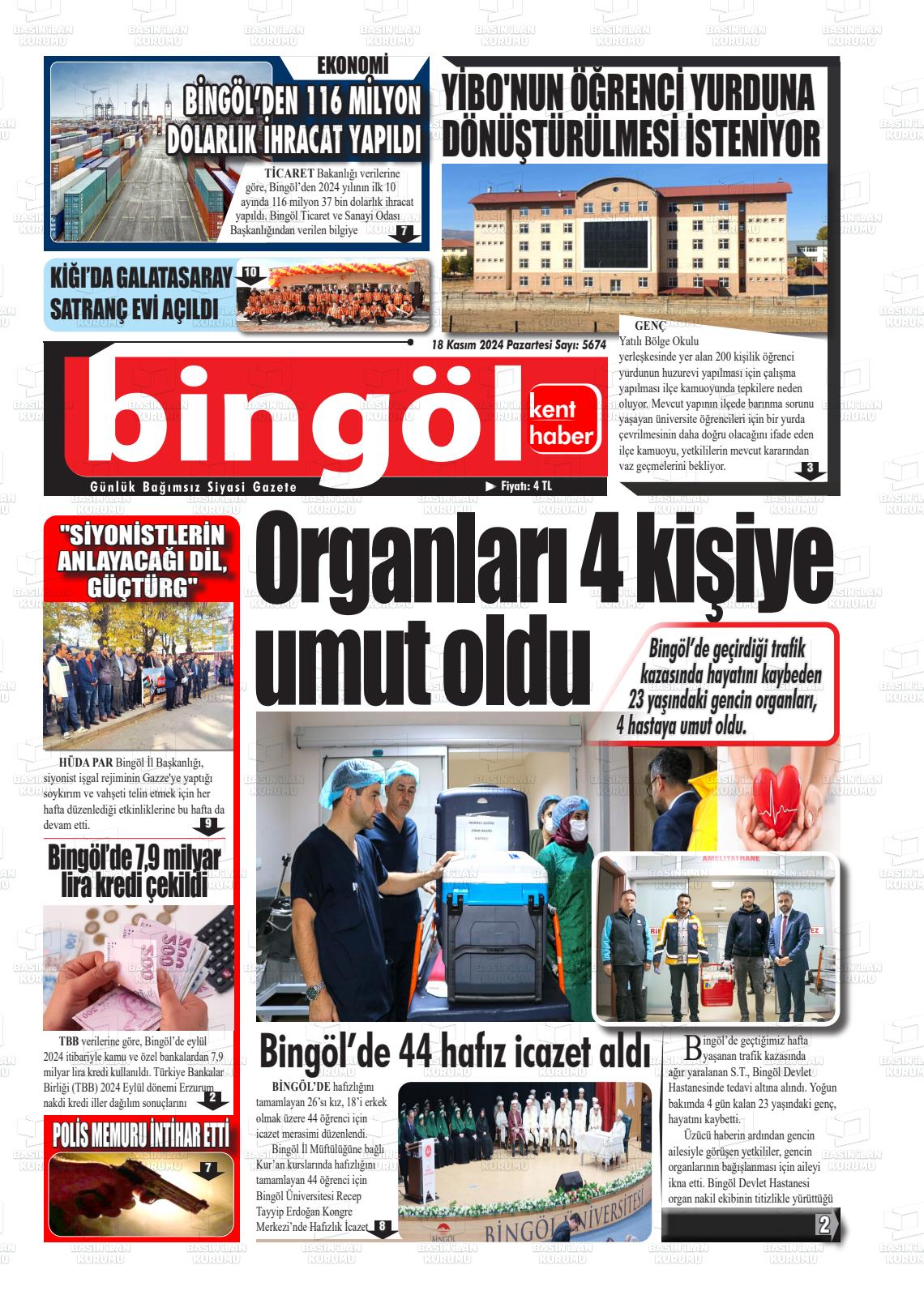 18 Kasım 2024 Bingöl Kent Haber Gazete Manşeti