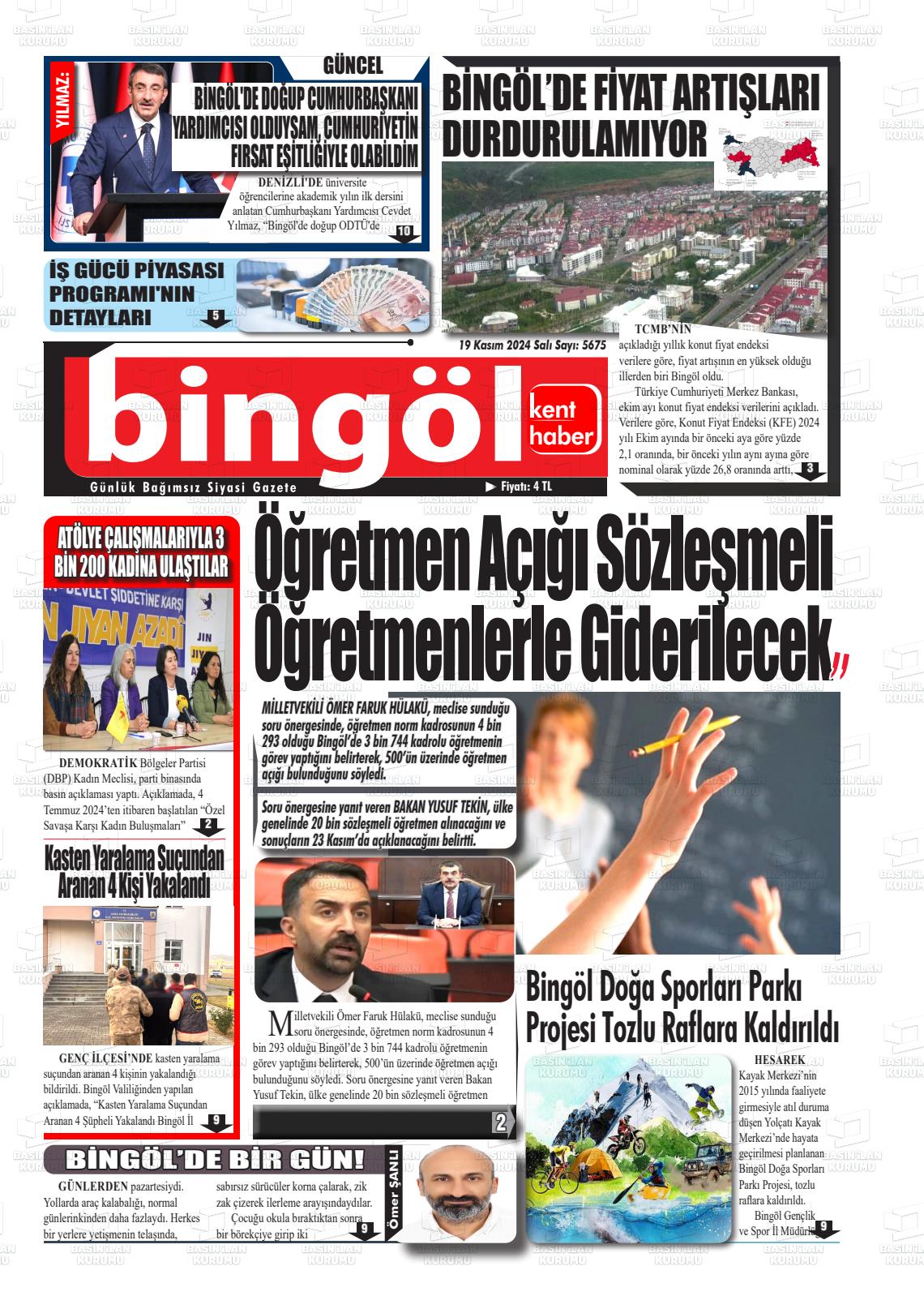 19 Kasım 2024 Bingöl Kent Haber Gazete Manşeti