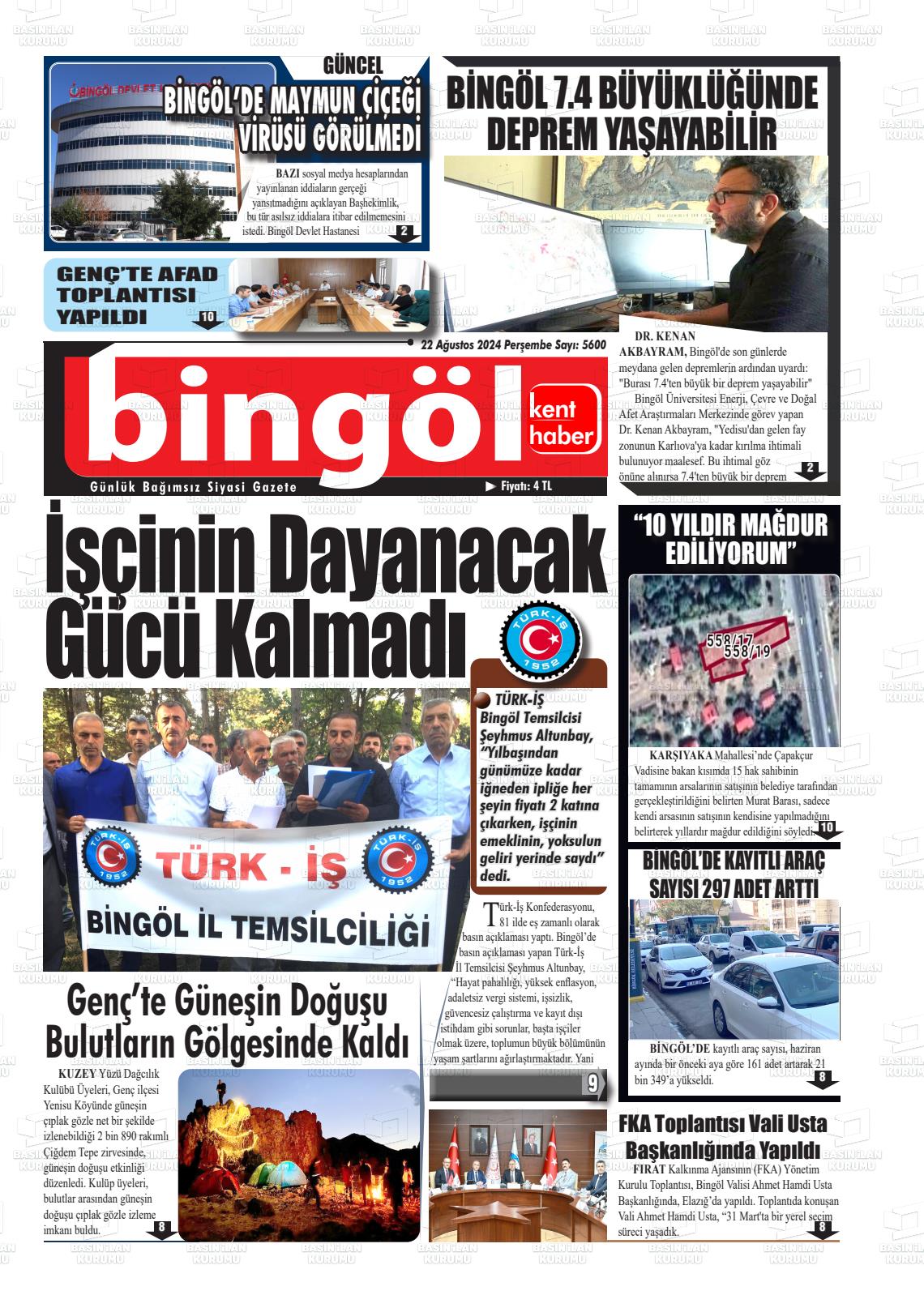 22 Ağustos 2024 Bingöl Kent Haber Gazete Manşeti