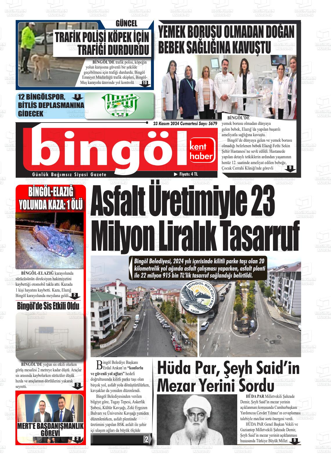 23 Kasım 2024 Bingöl Kent Haber Gazete Manşeti