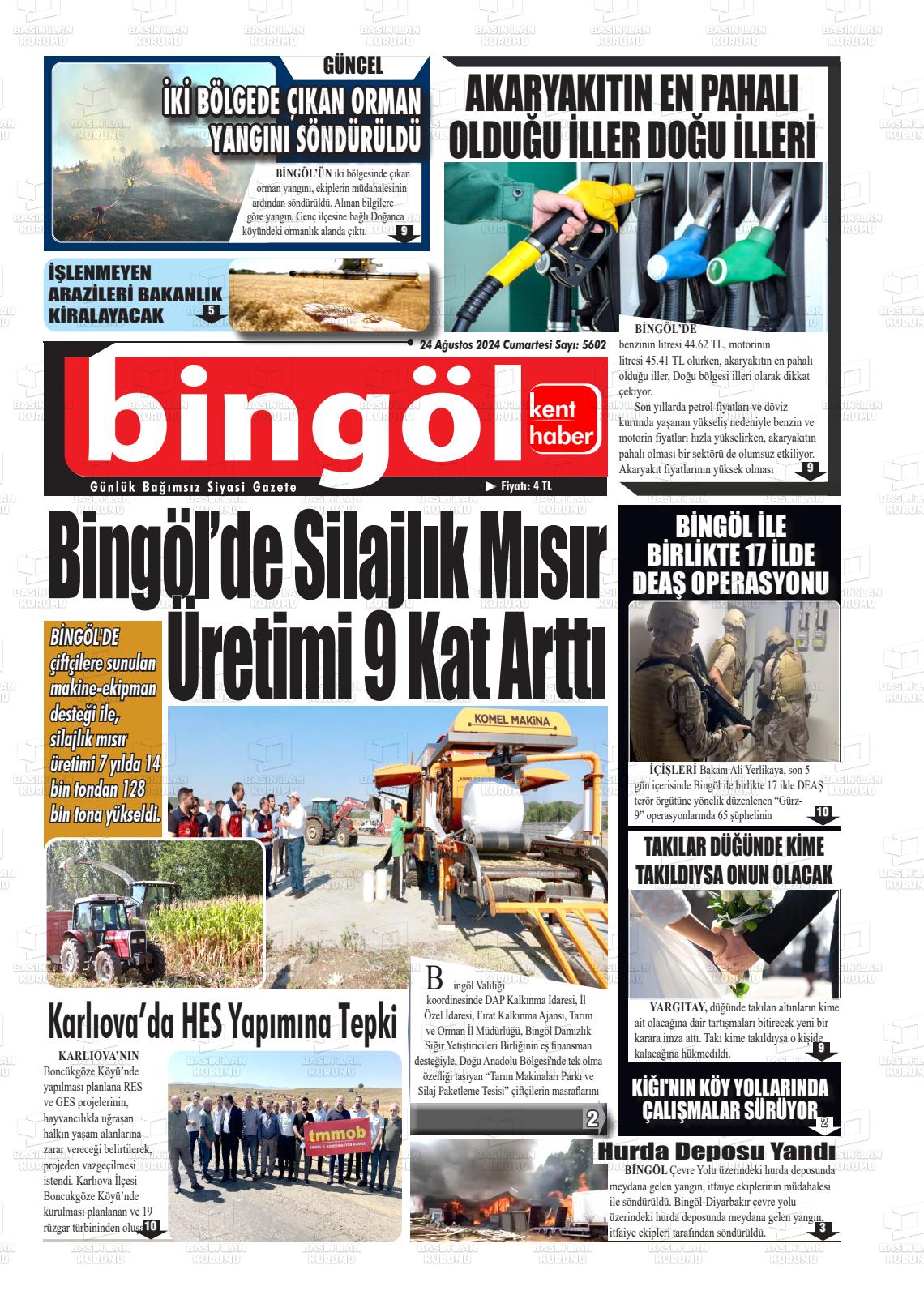 24 Ağustos 2024 Bingöl Kent Haber Gazete Manşeti