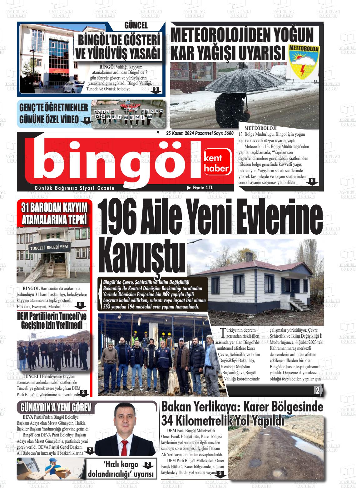 25 Kasım 2024 Bingöl Kent Haber Gazete Manşeti