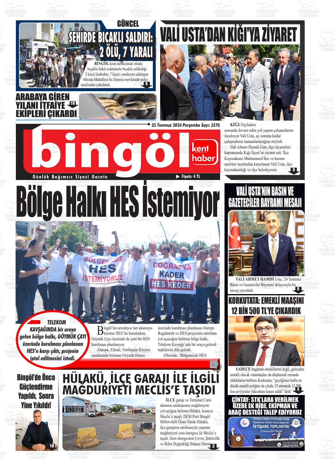 25 Temmuz 2024 Bingöl Kent Haber Gazete Manşeti