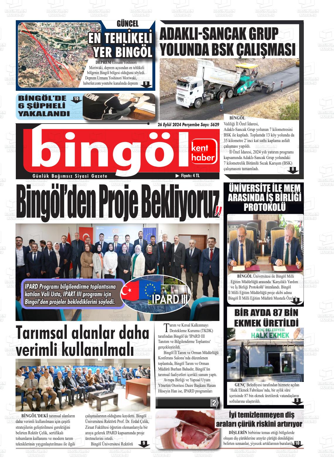 26 Eylül 2024 Bingöl Kent Haber Gazete Manşeti