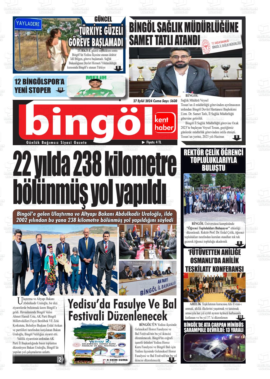 27 Eylül 2024 Bingöl Kent Haber Gazete Manşeti