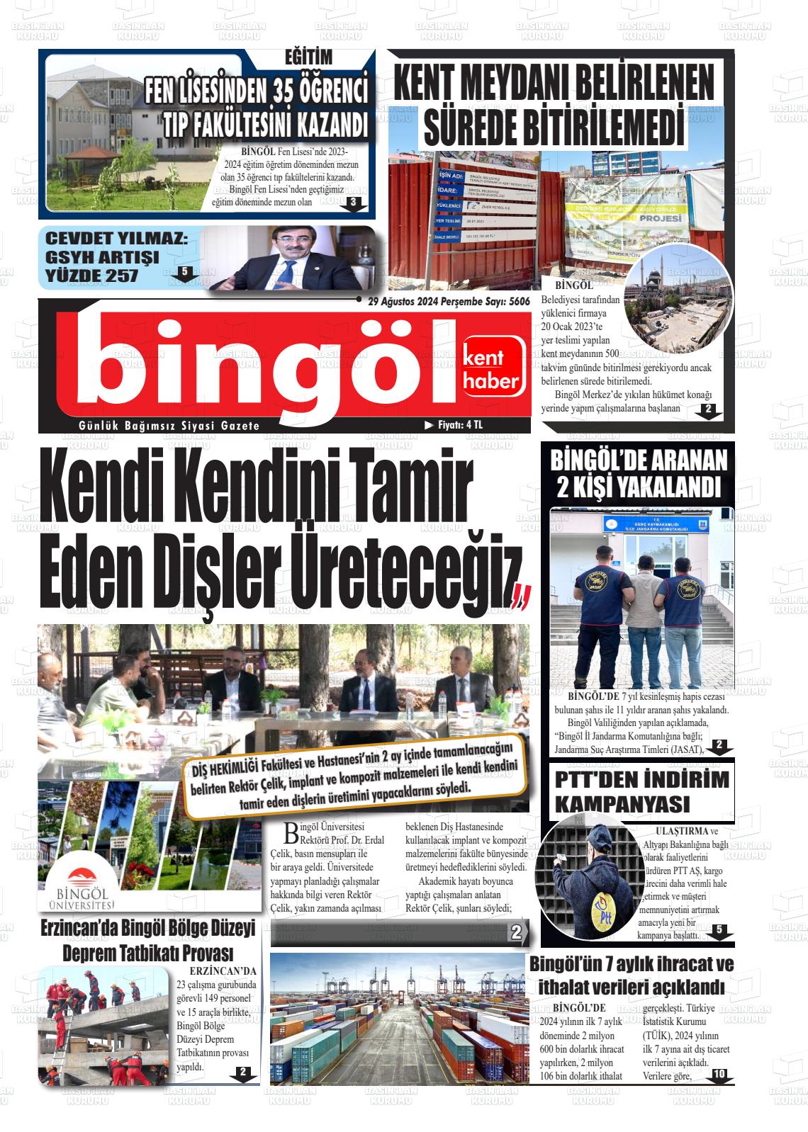 29 Ağustos 2024 Bingöl Kent Haber Gazete Manşeti