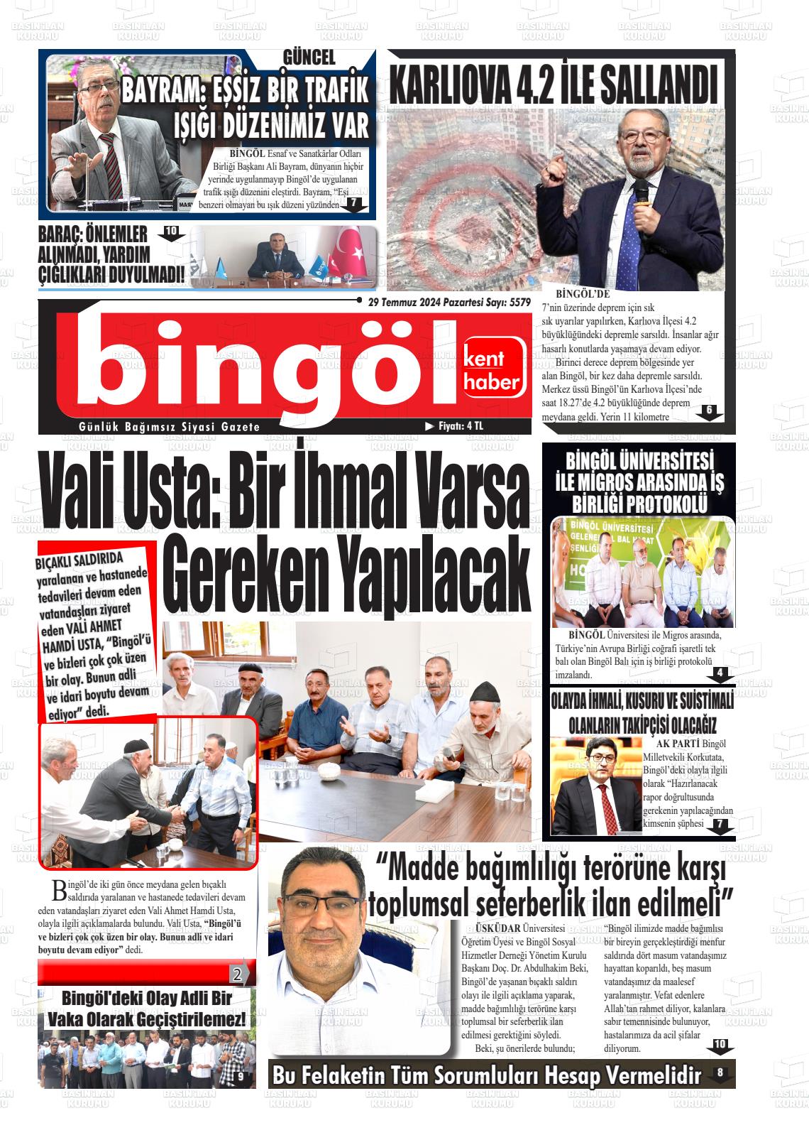 29 Temmuz 2024 Bingöl Kent Haber Gazete Manşeti