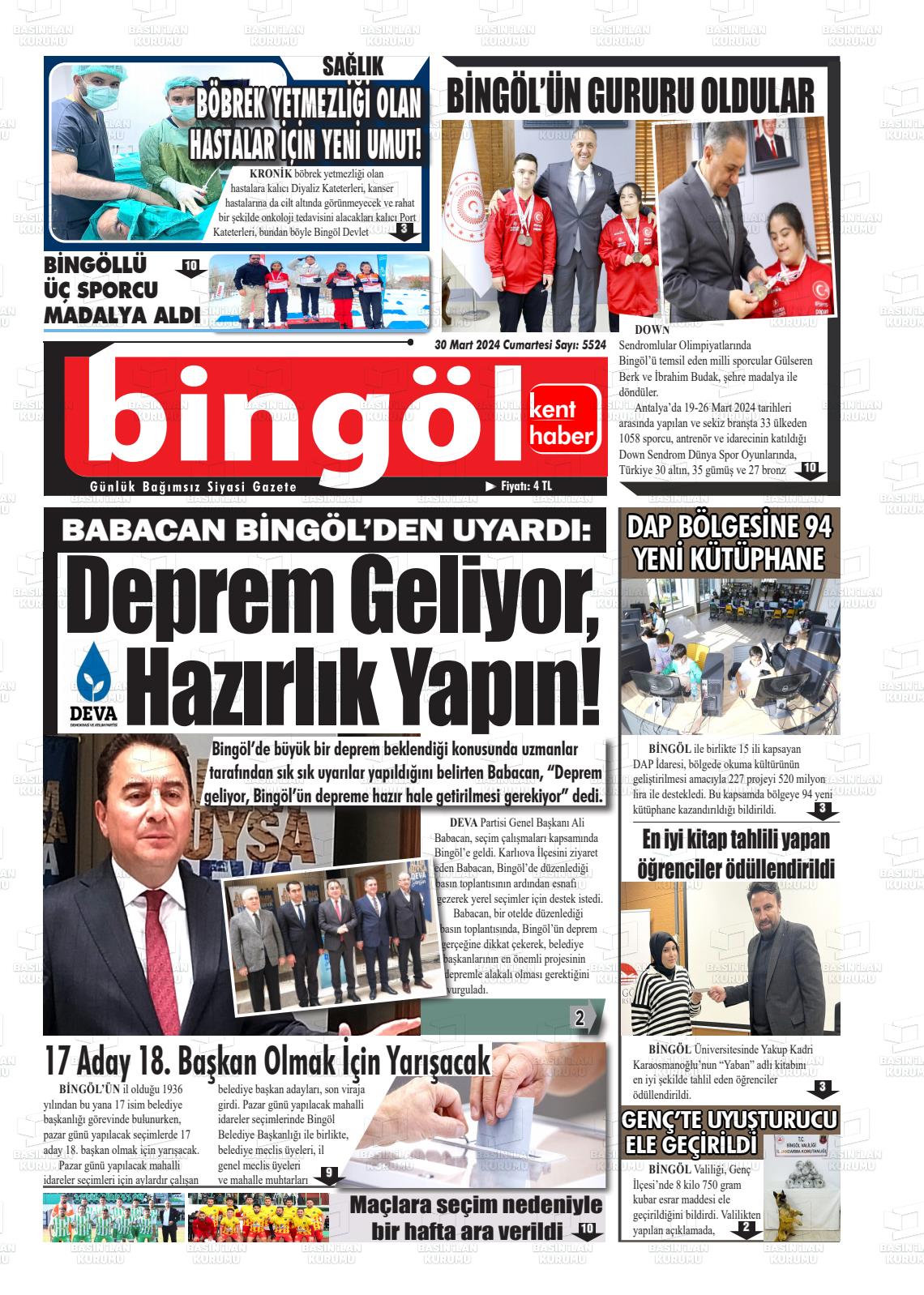 30 Mart 2024 Bingöl Kent Haber Gazete Manşeti