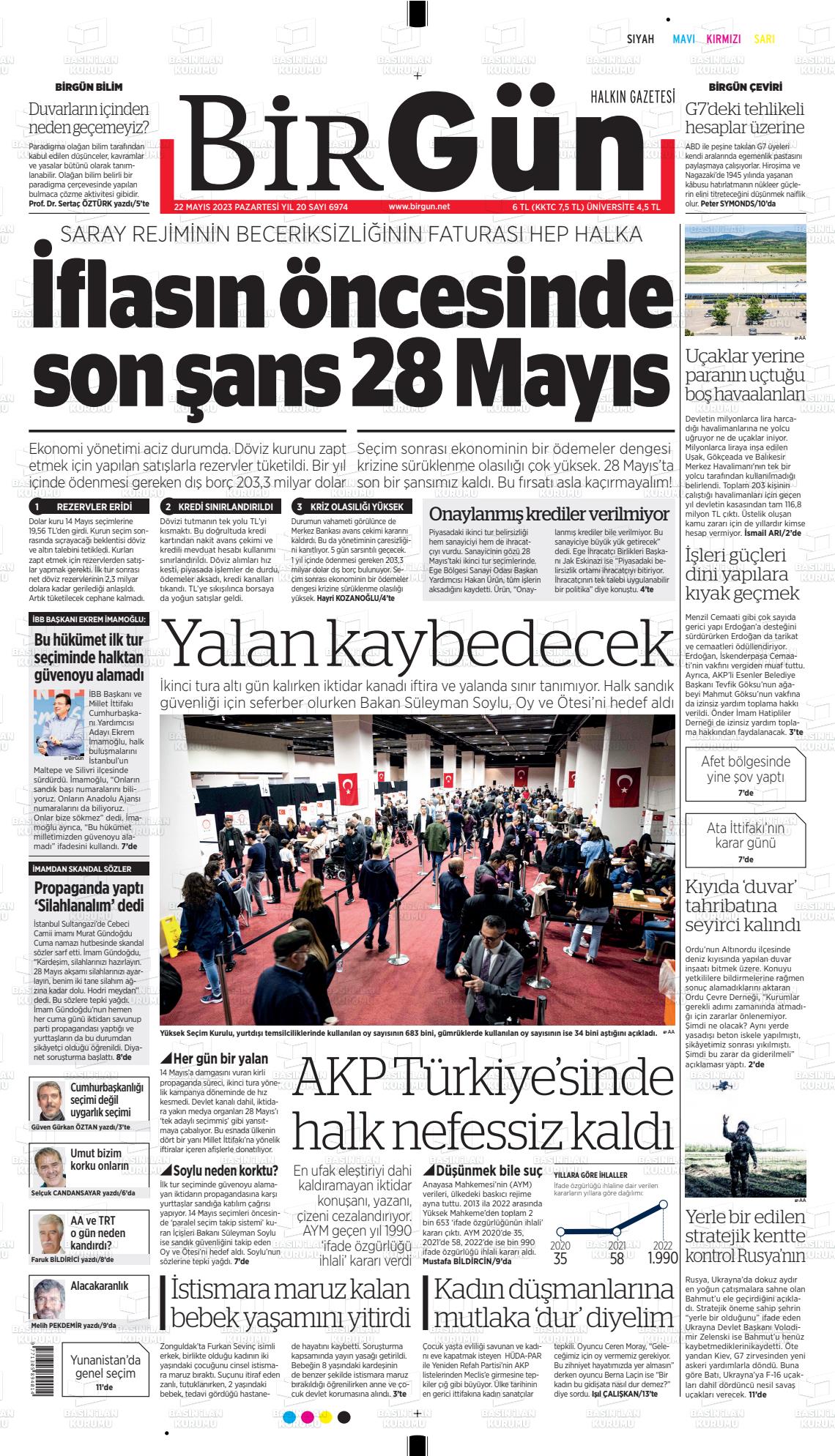 22 Mayıs 2023 Birgün Gazete Manşeti