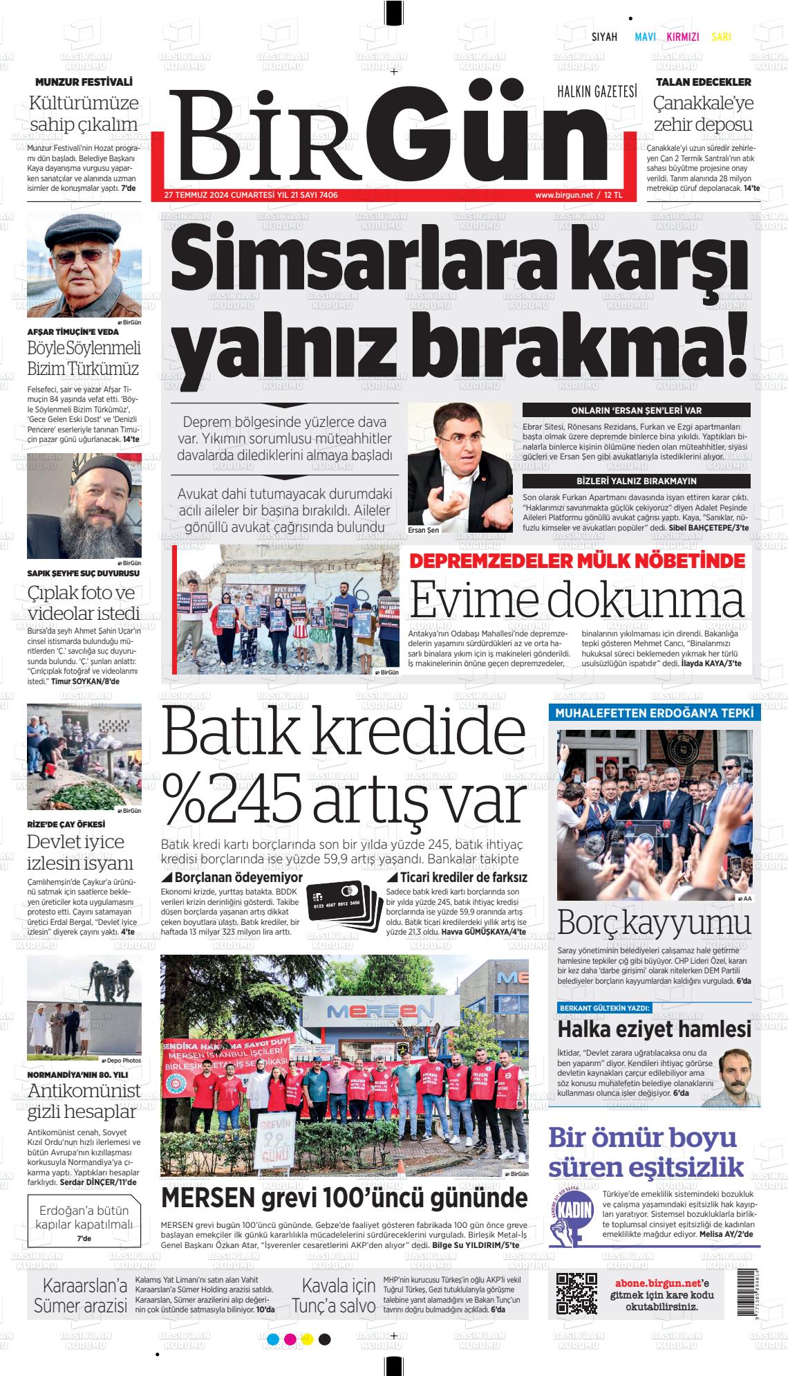 27 Temmuz 2024 Birgün Gazete Manşeti