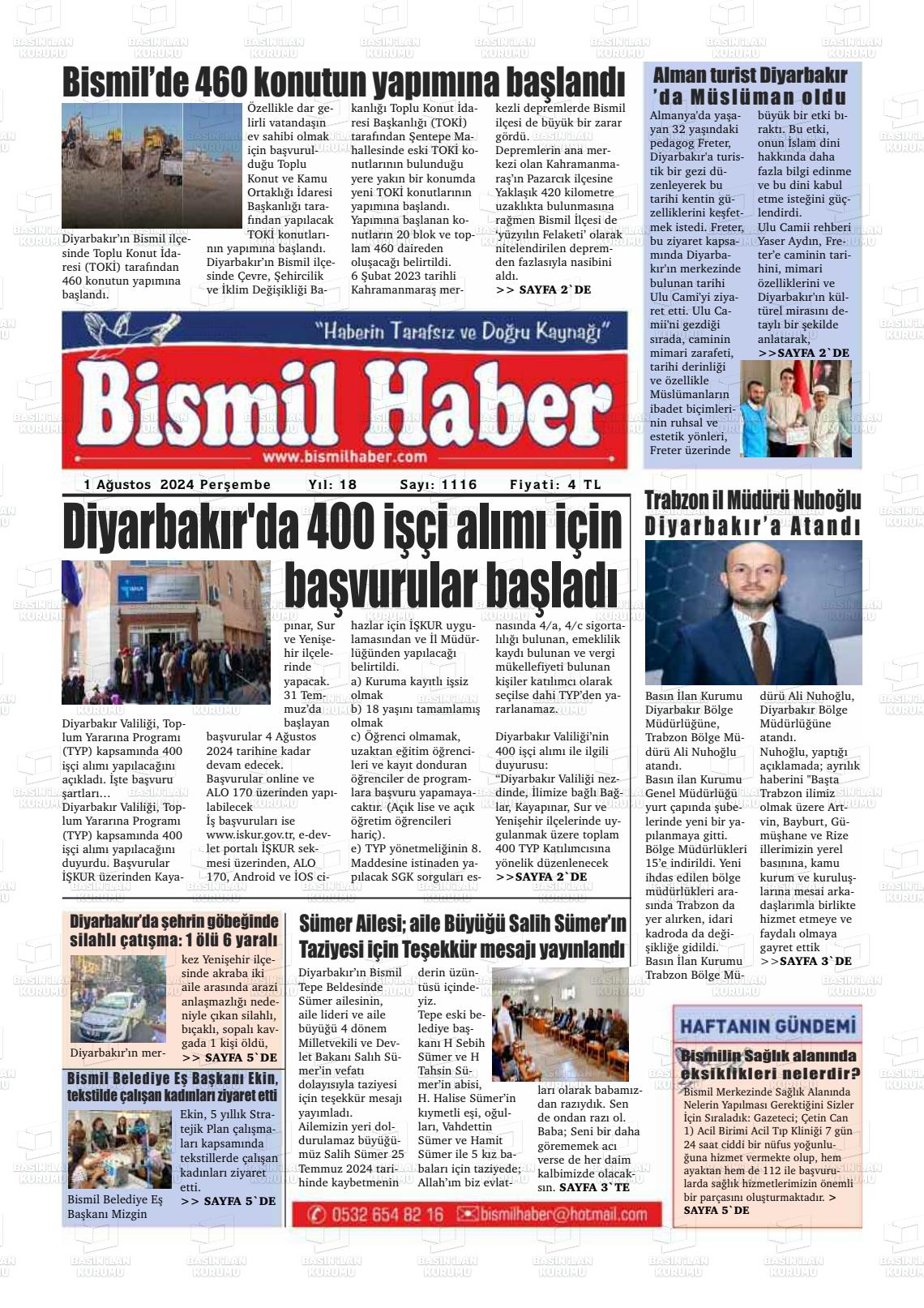 01 Ağustos 2024 Bismil Haber Gazete Manşeti