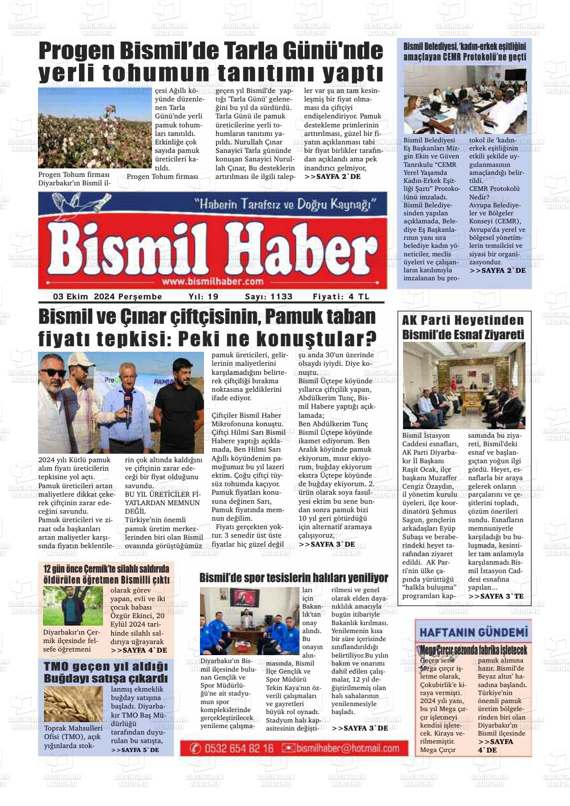 03 Ekim 2024 Bismil Haber Gazete Manşeti