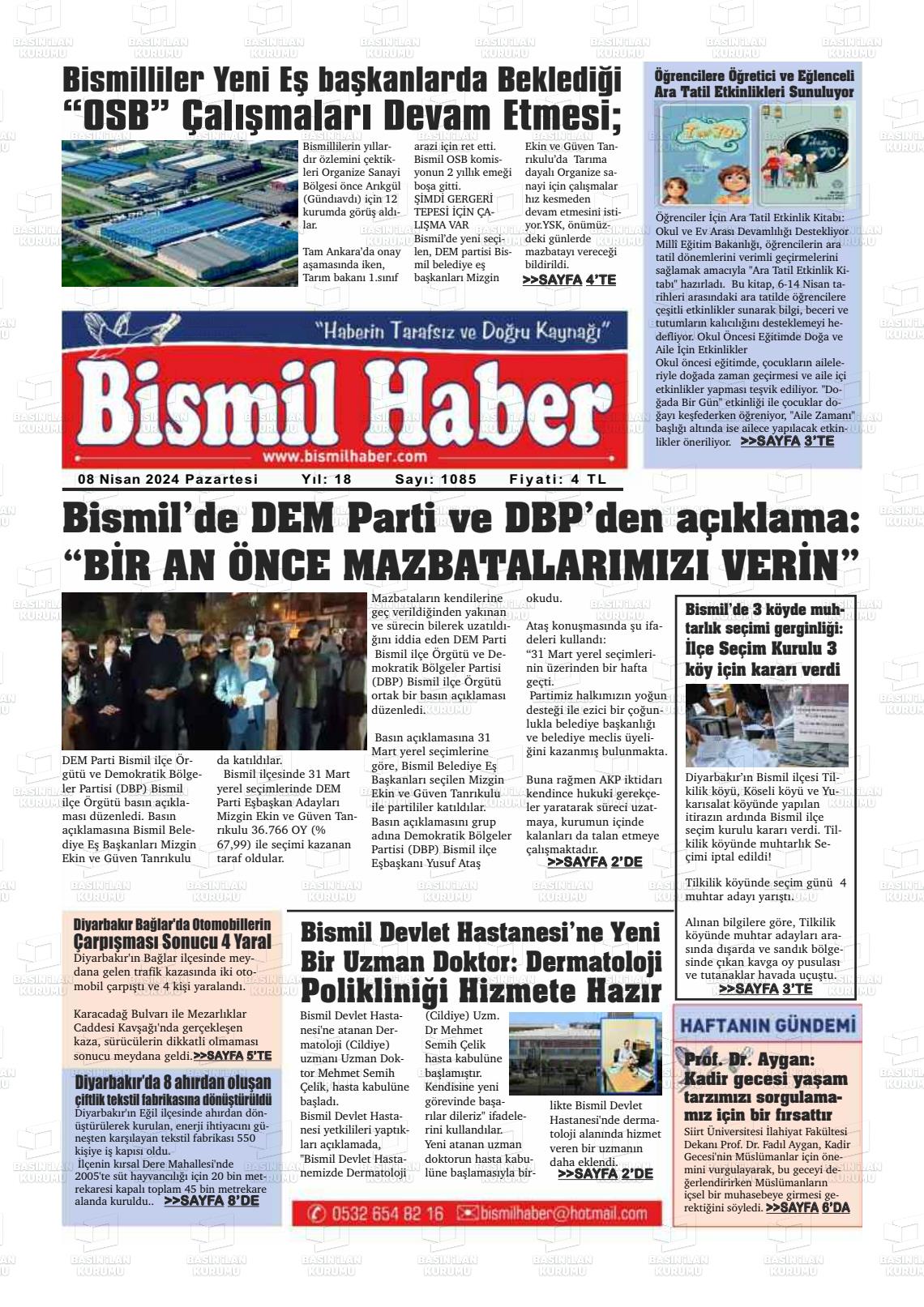 08 Nisan 2024 Bismil Haber Gazete Manşeti