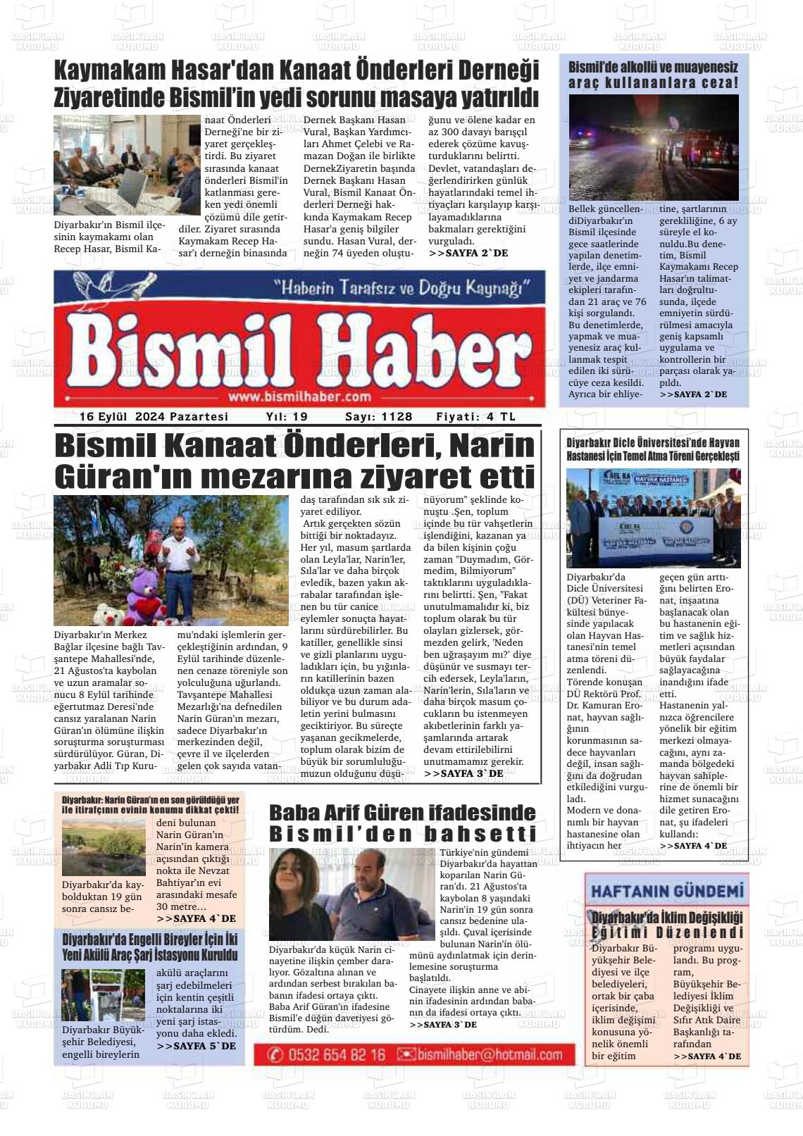 16 Eylül 2024 Bismil Haber Gazete Manşeti