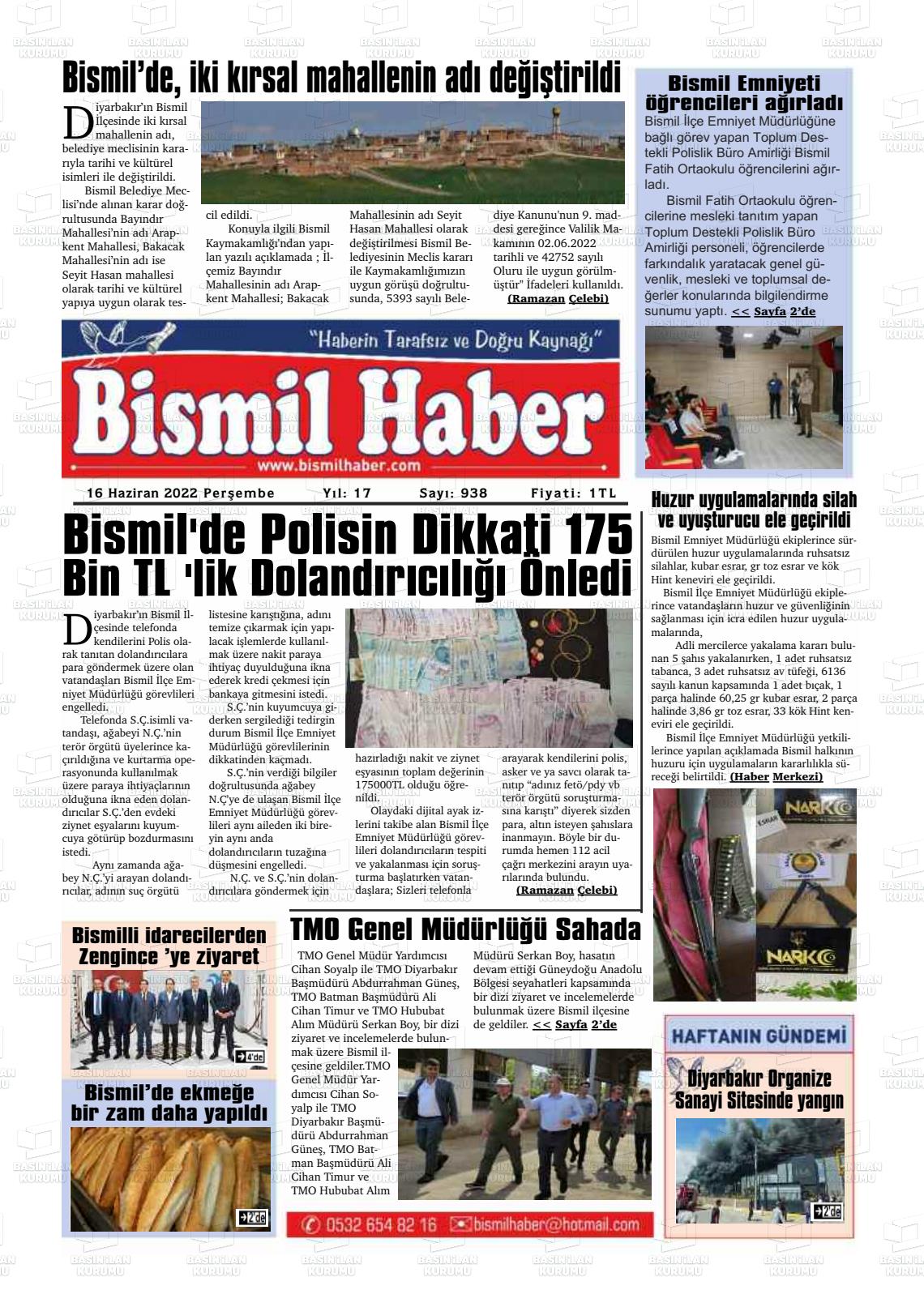 16 Haziran 2022 Bismil Haber Gazete Manşeti