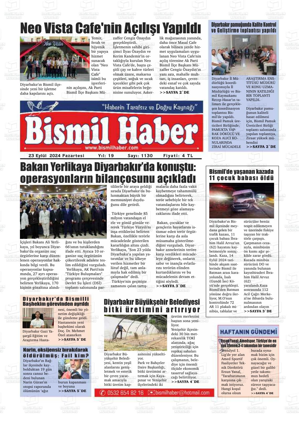 23 Eylül 2024 Bismil Haber Gazete Manşeti