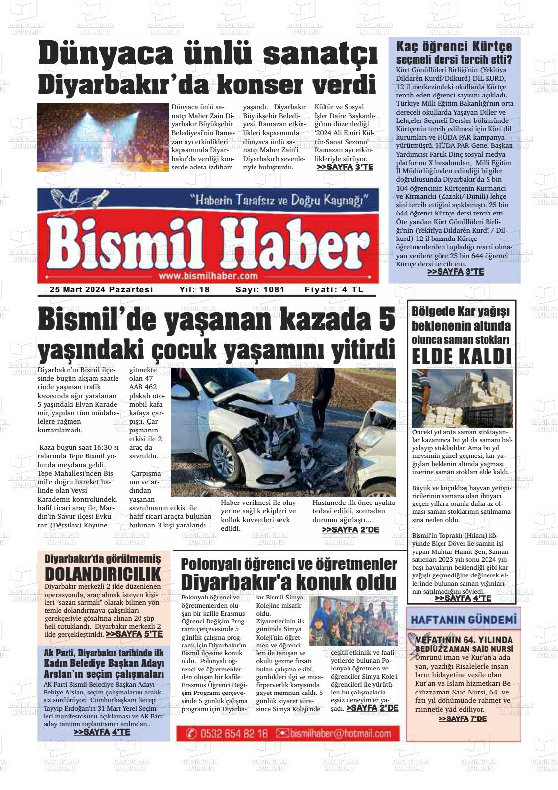 25 Mart 2024 Bismil Haber Gazete Manşeti