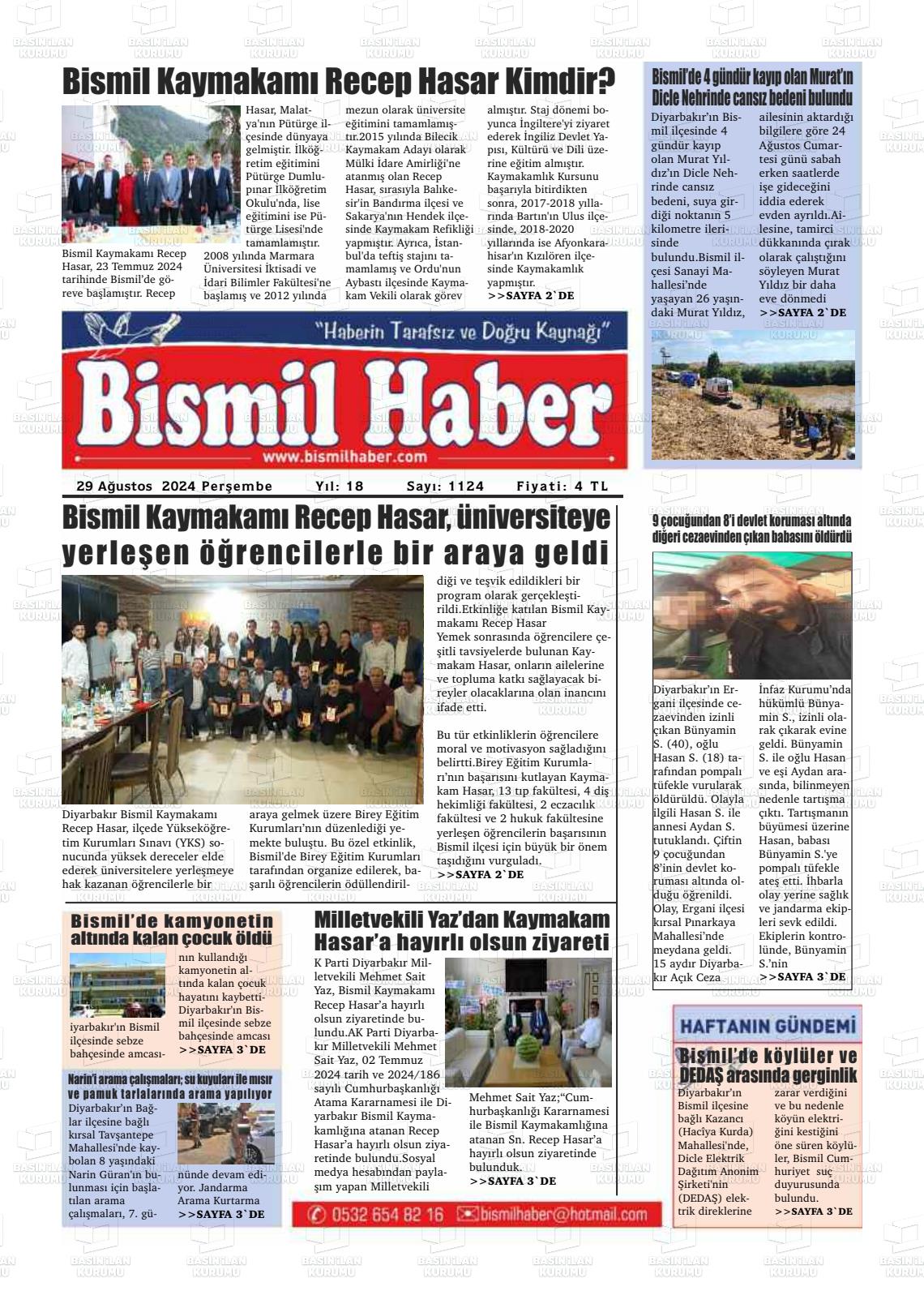 29 Ağustos 2024 Bismil Haber Gazete Manşeti