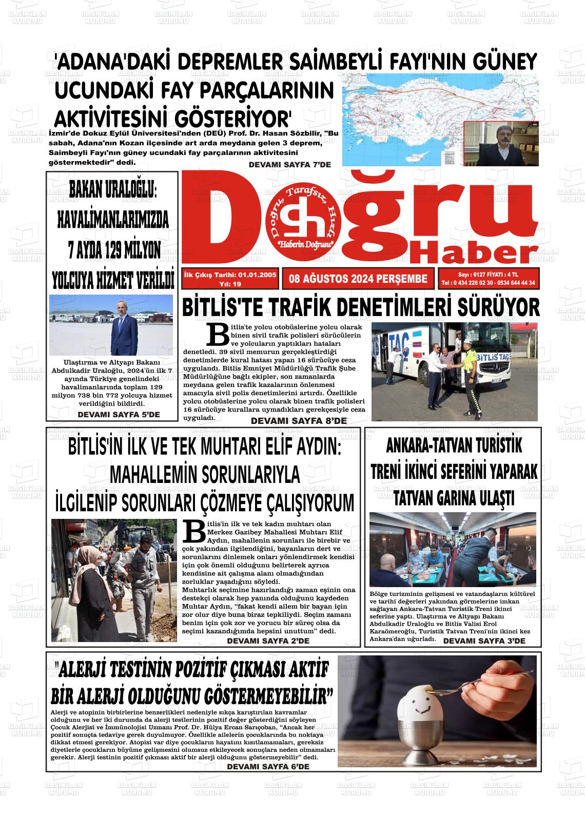 08 Ağustos 2024 Doğru Haber Gazete Manşeti