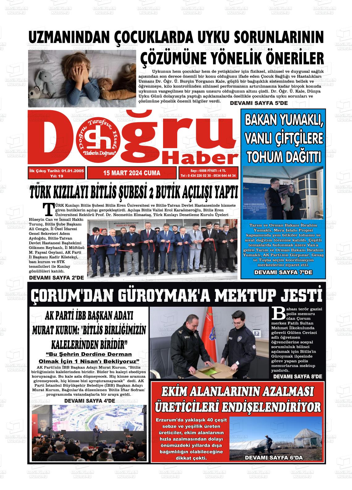 15 Mart 2024 Doğru Haber Gazete Manşeti