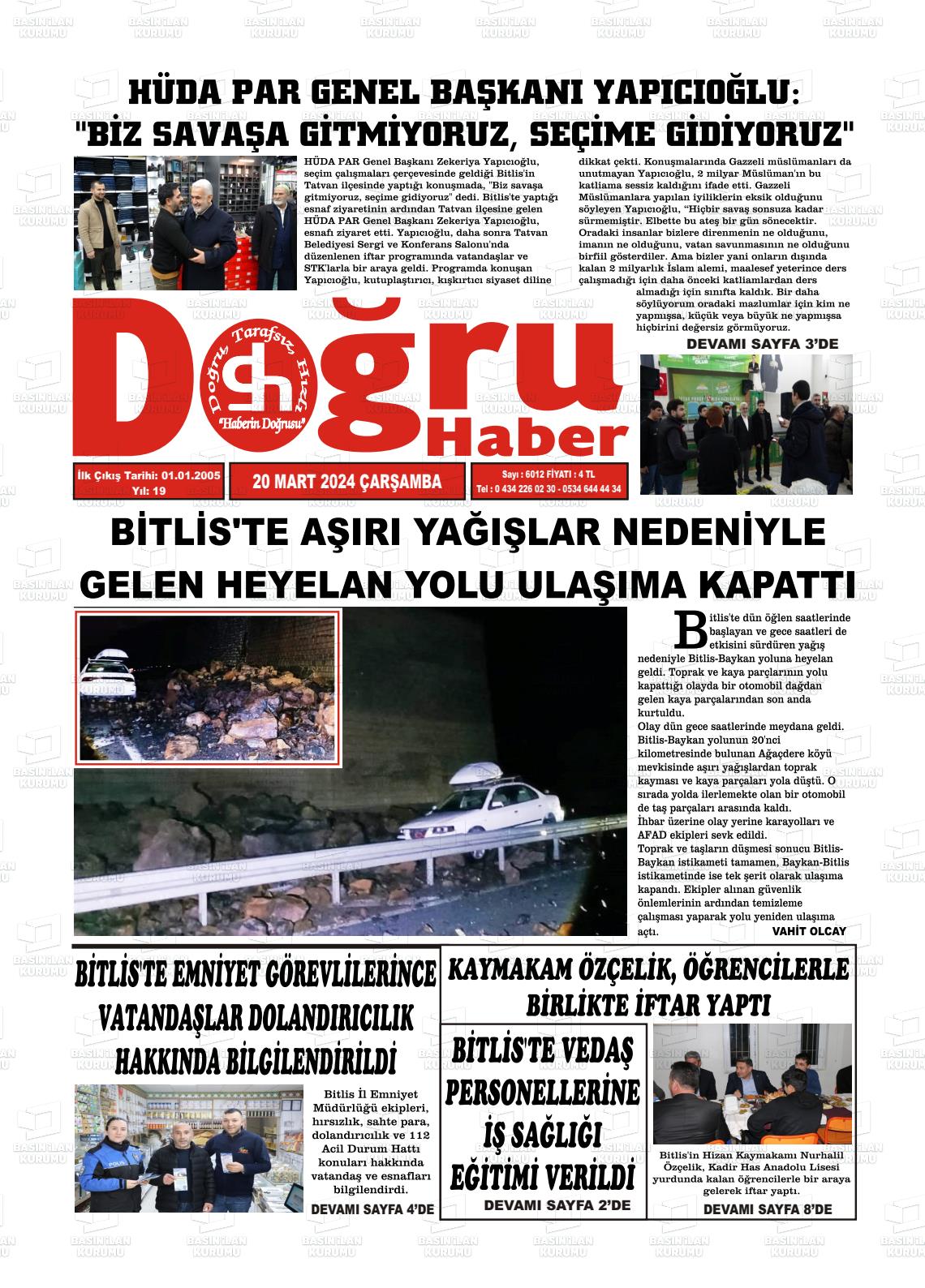 20 Mart 2024 Doğru Haber Gazete Manşeti