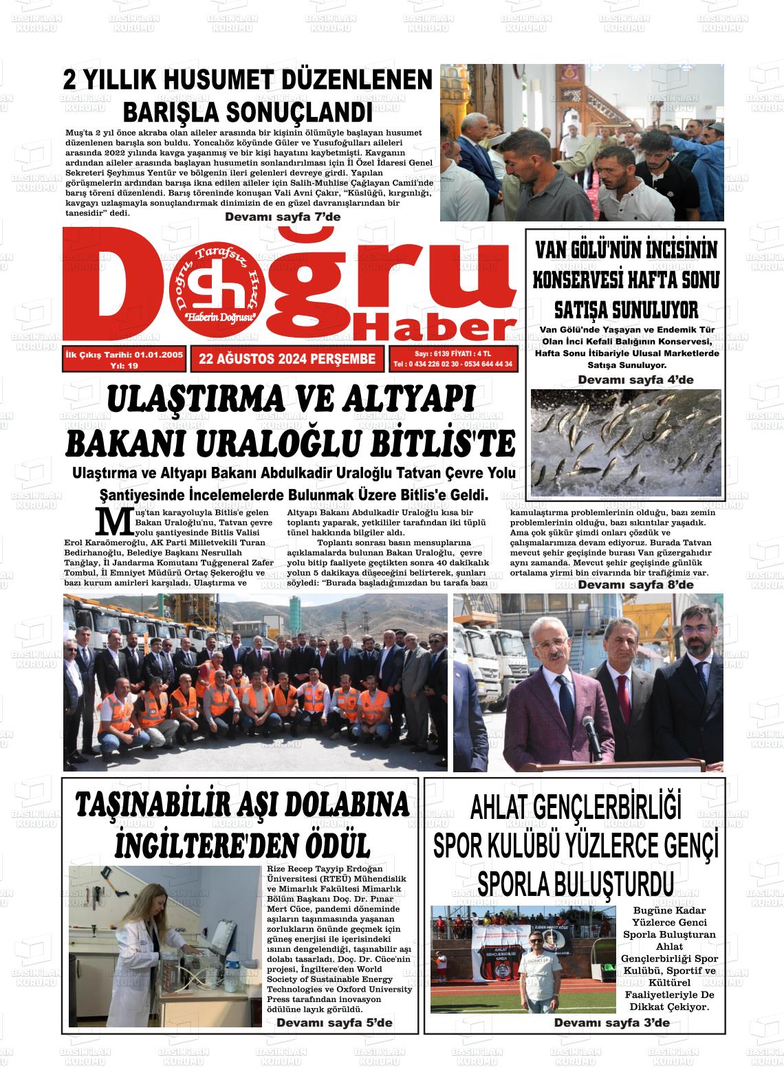 22 Ağustos 2024 Doğru Haber Gazete Manşeti