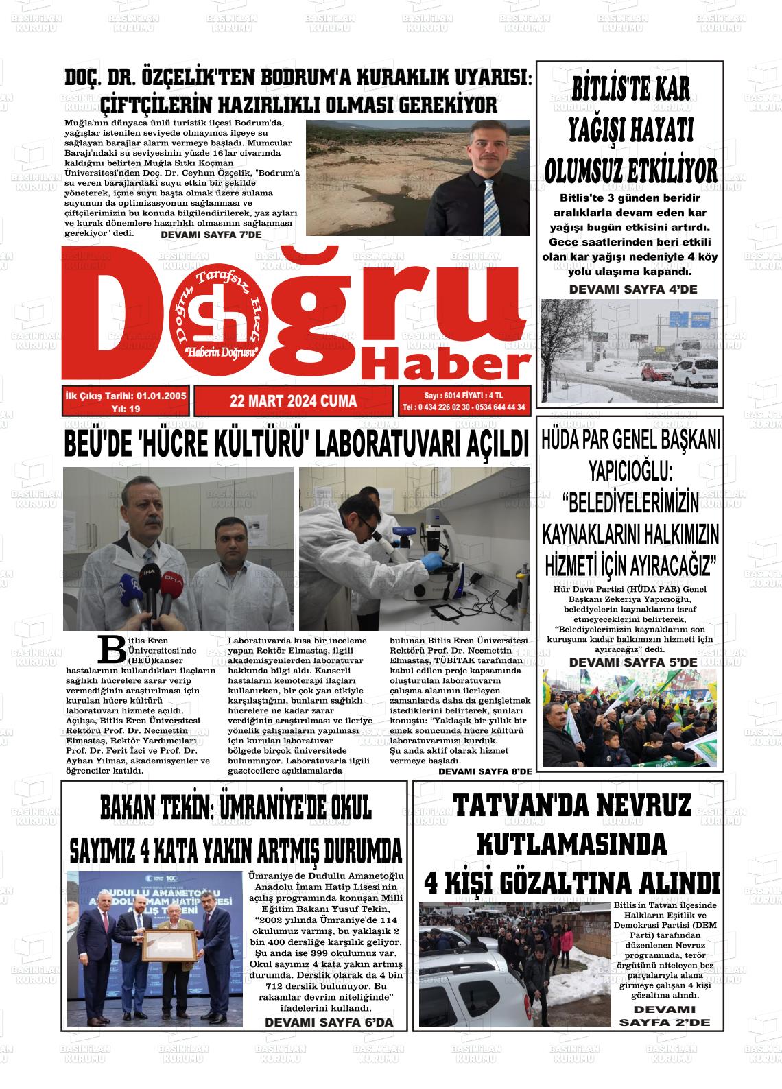 22 Mart 2024 Doğru Haber Gazete Manşeti