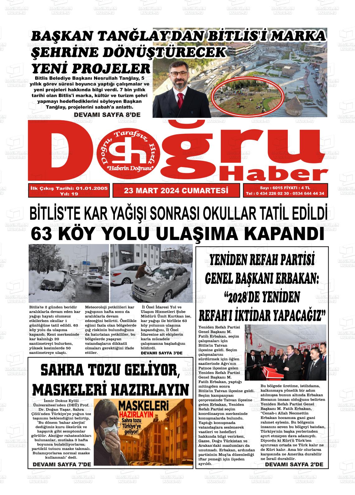 23 Mart 2024 Doğru Haber Gazete Manşeti