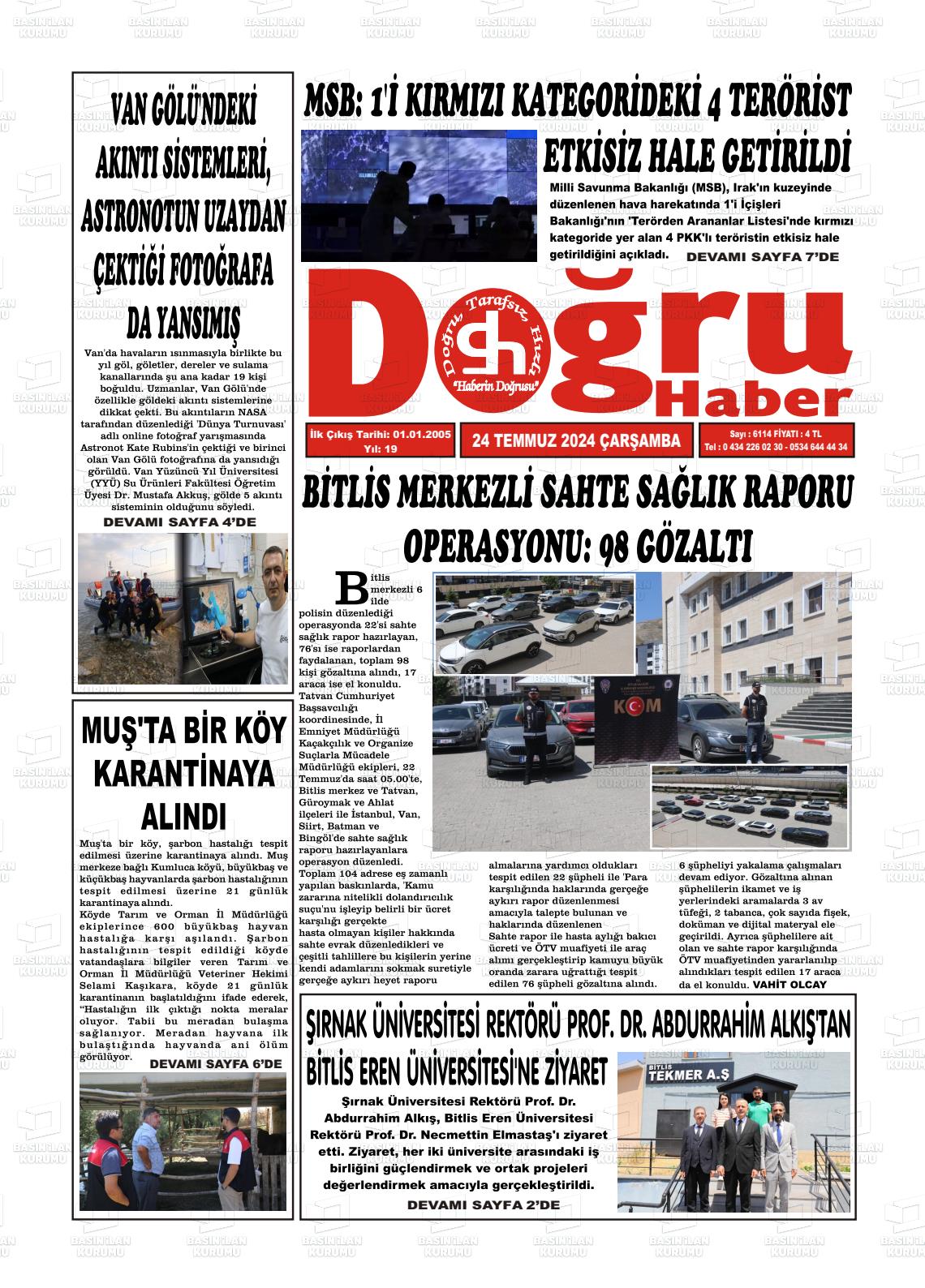 24 Temmuz 2024 Doğru Haber Gazete Manşeti