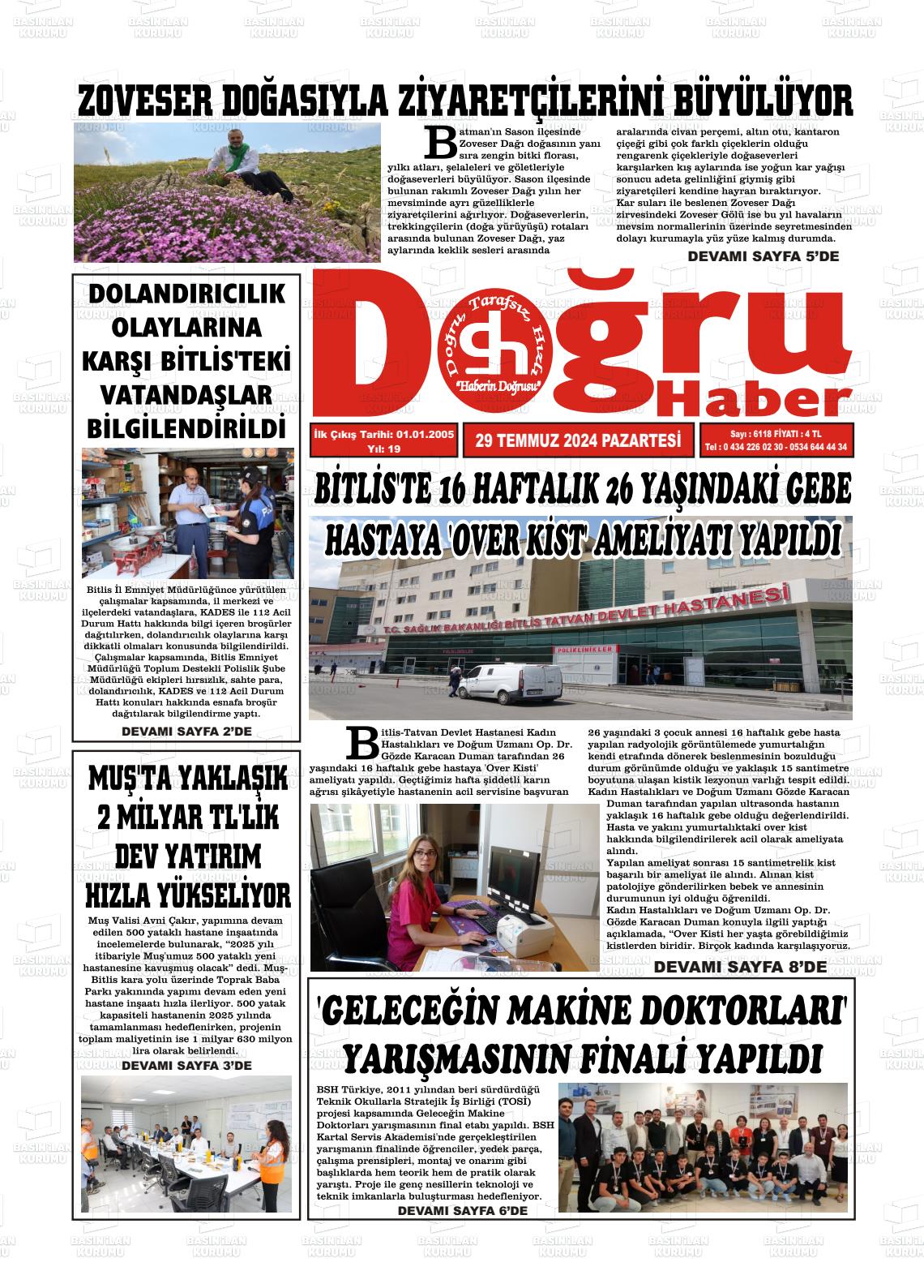 29 Temmuz 2024 Doğru Haber Gazete Manşeti