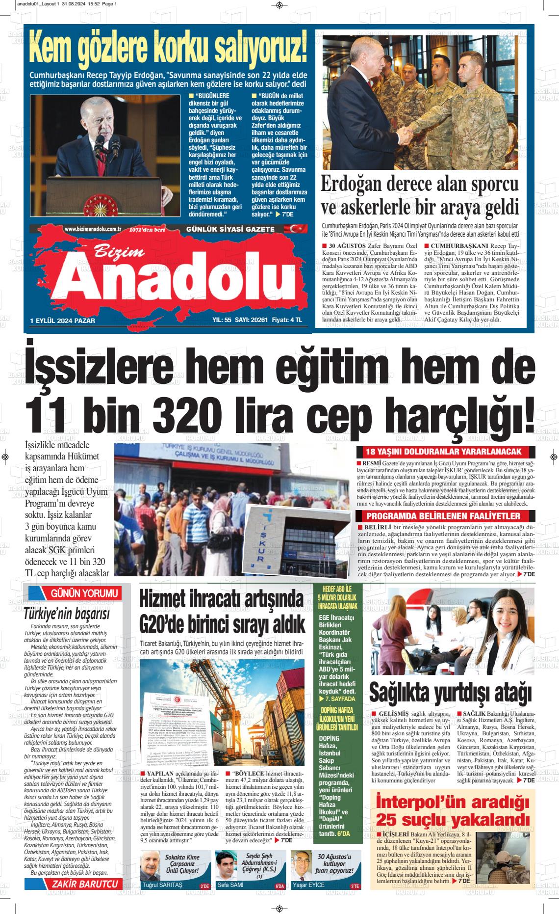 01 Eylül 2024 Bizim Anadolu Gazete Manşeti