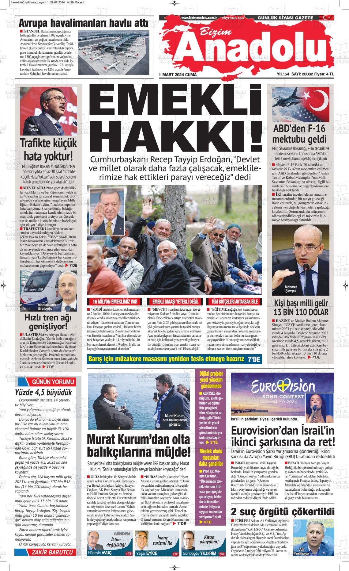 01 Mart 2024 Bizim Anadolu Gazete Manşeti