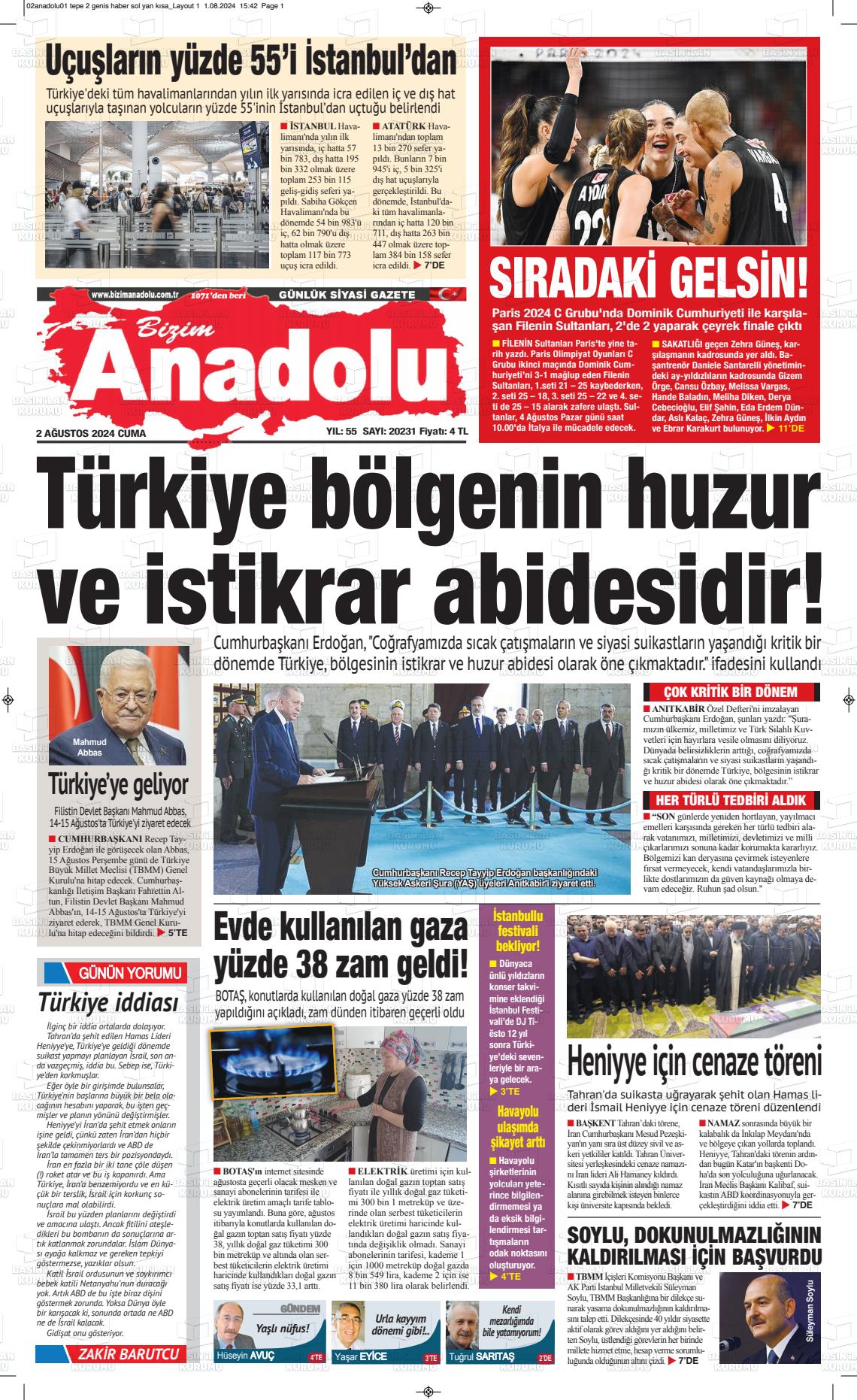 02 Ağustos 2024 Bizim Anadolu Gazete Manşeti