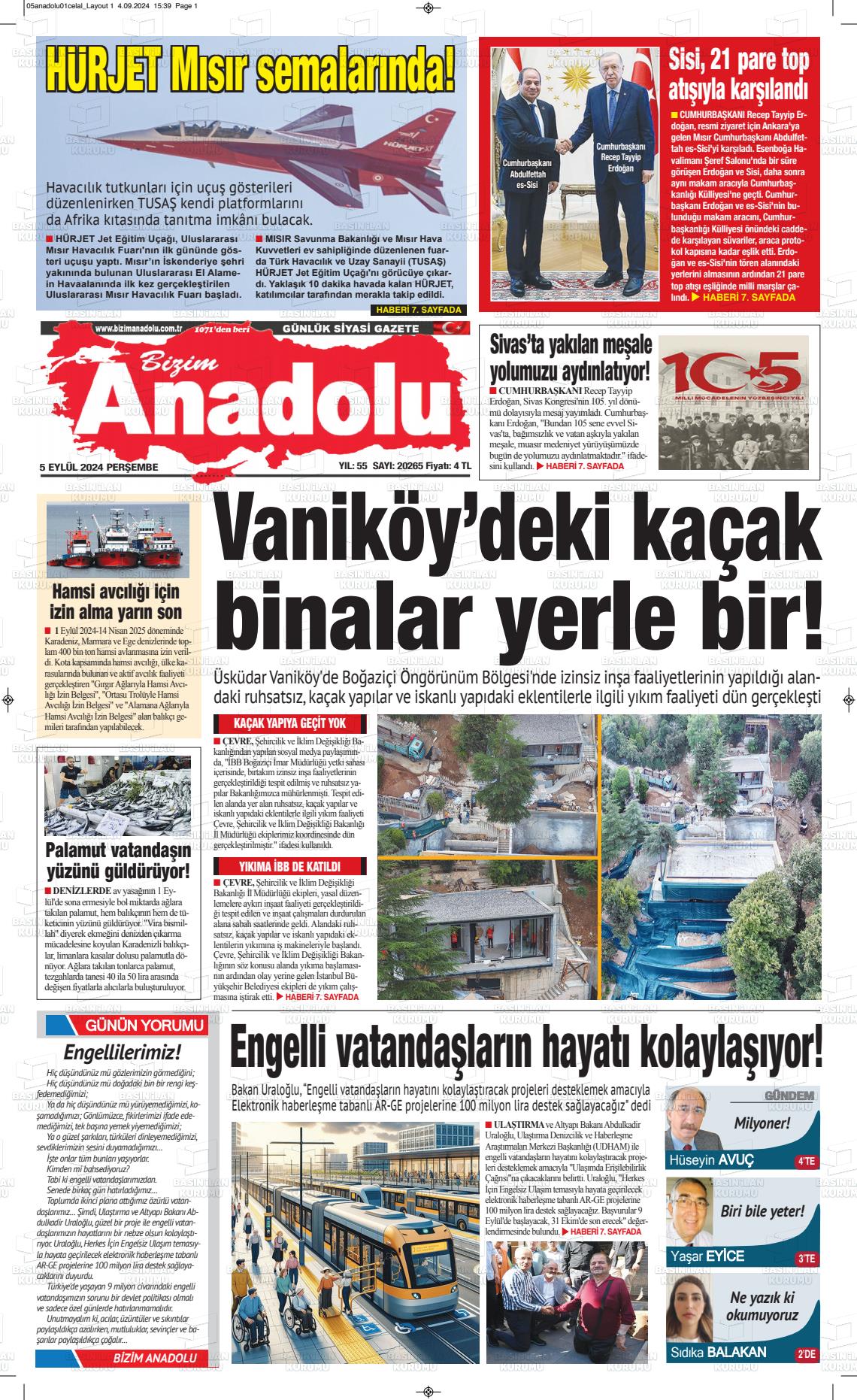 05 Eylül 2024 Bizim Anadolu Gazete Manşeti