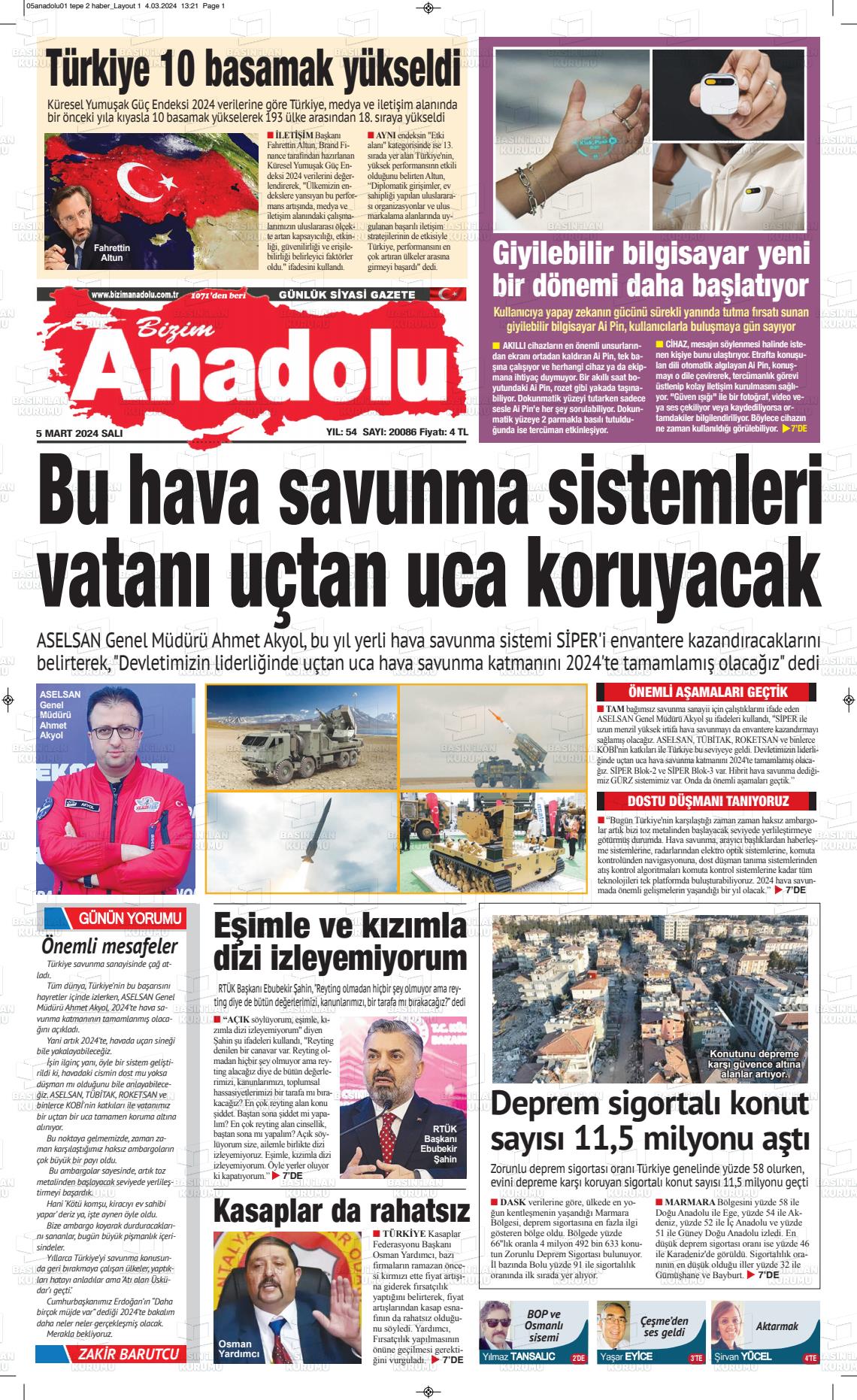 07 Mart 2024 Bizim Anadolu Gazete Manşeti