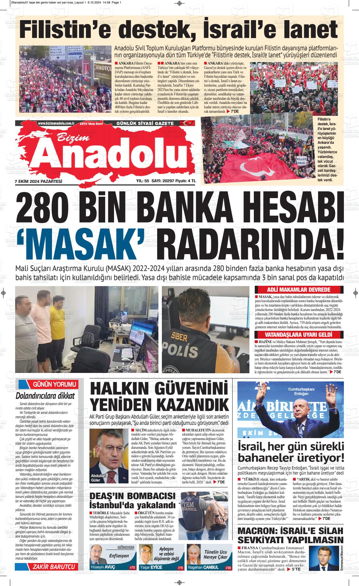 07 Ekim 2024 Bizim Anadolu Gazete Manşeti