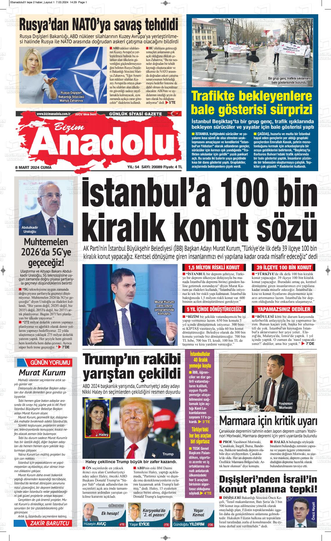 08 Mart 2024 Bizim Anadolu Gazete Manşeti