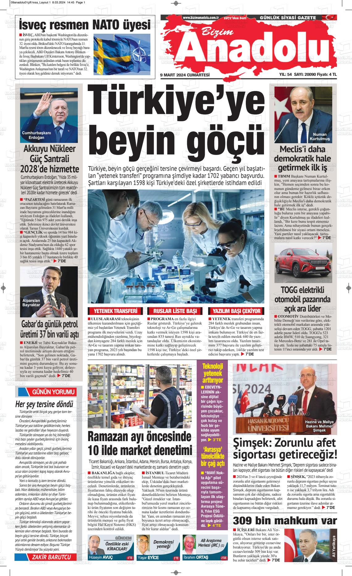 09 Mart 2024 Bizim Anadolu Gazete Manşeti