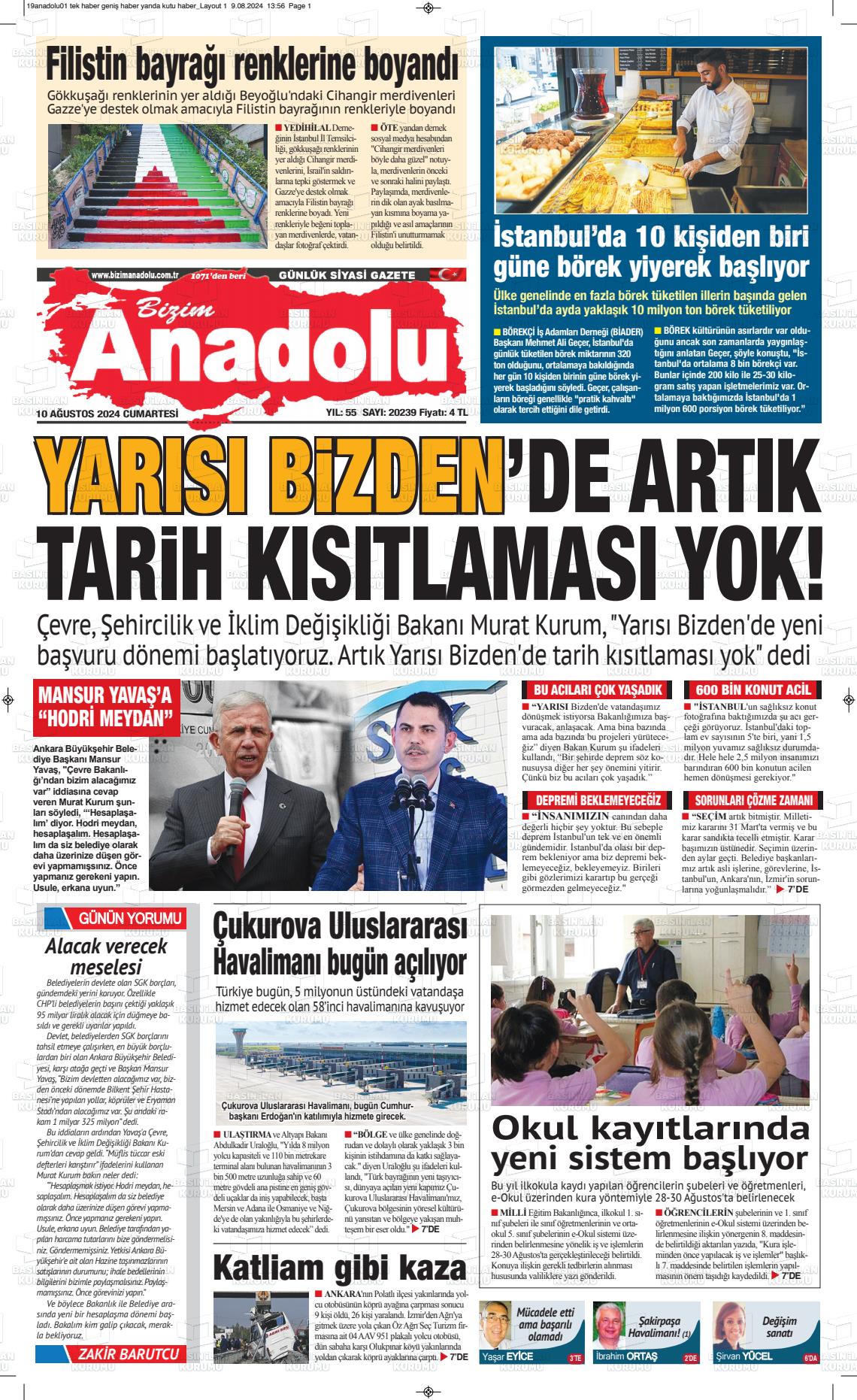 10 Ağustos 2024 Bizim Anadolu Gazete Manşeti