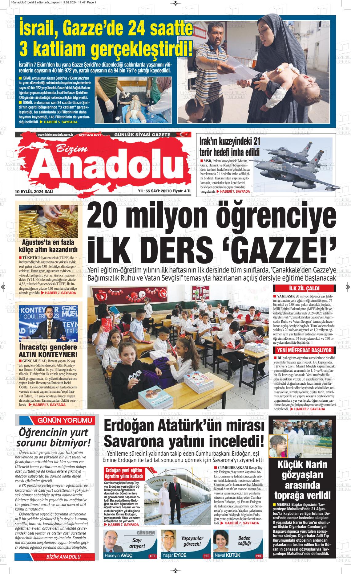 10 Eylül 2024 Bizim Anadolu Gazete Manşeti