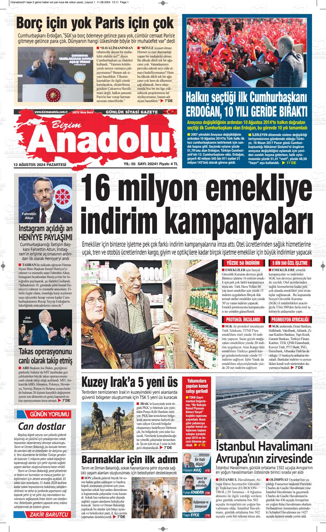 12 Ağustos 2024 Bizim Anadolu Gazete Manşeti