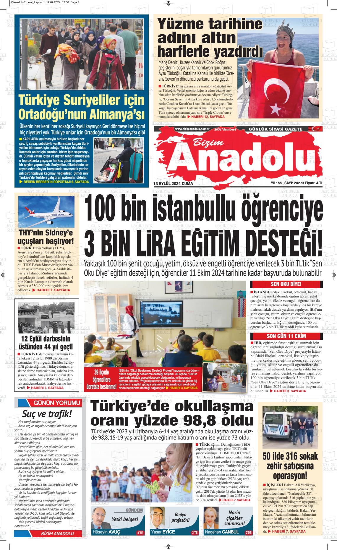 13 Eylül 2024 Bizim Anadolu Gazete Manşeti