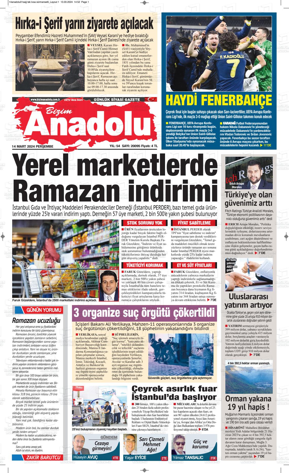 14 Mart 2024 Bizim Anadolu Gazete Manşeti