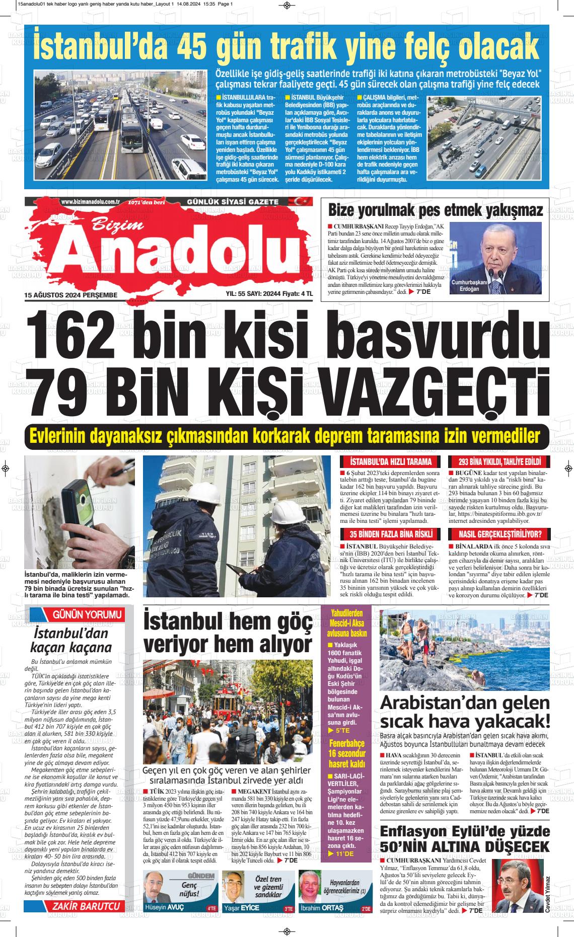 15 Ağustos 2024 Bizim Anadolu Gazete Manşeti