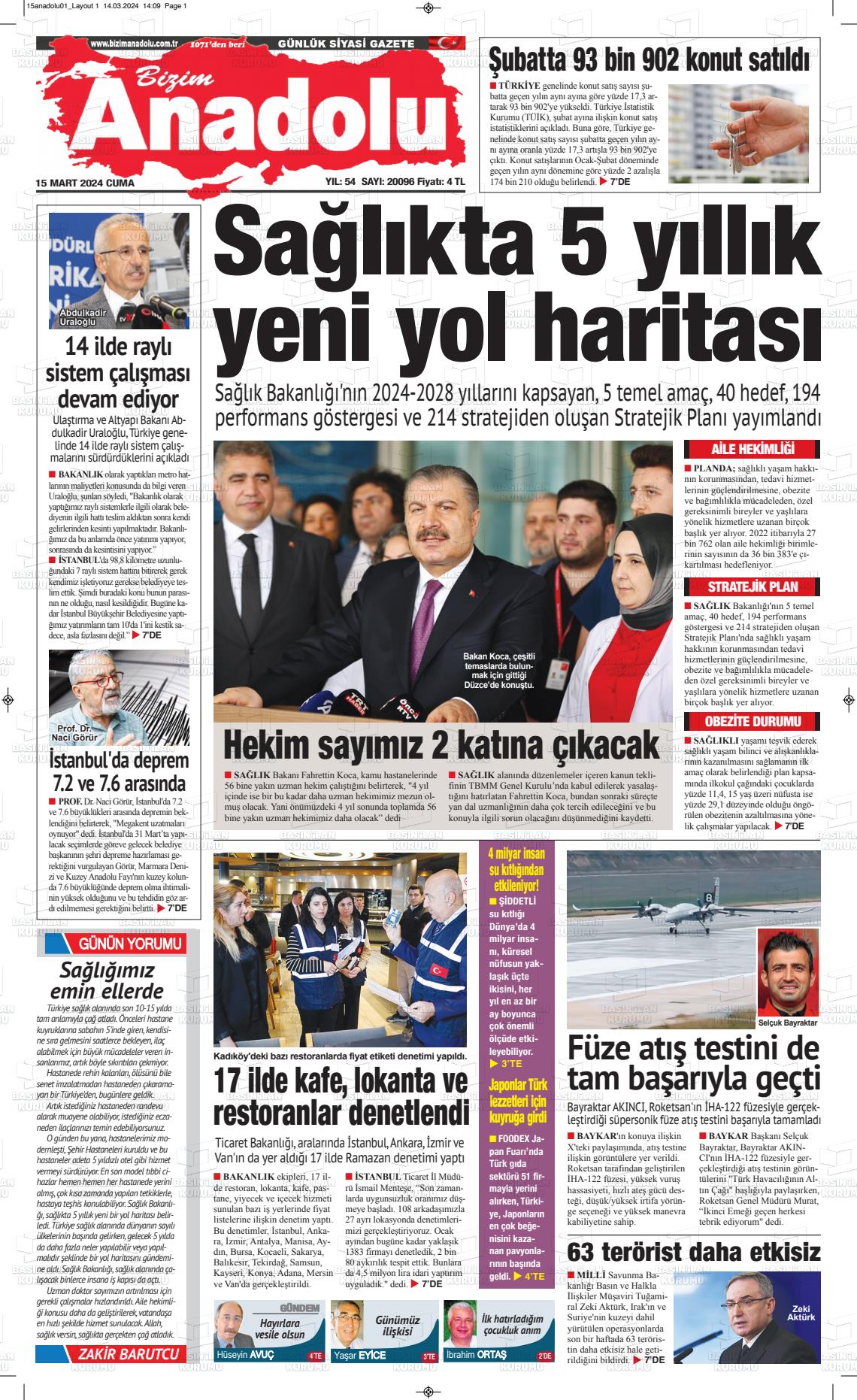 15 Mart 2024 Bizim Anadolu Gazete Manşeti